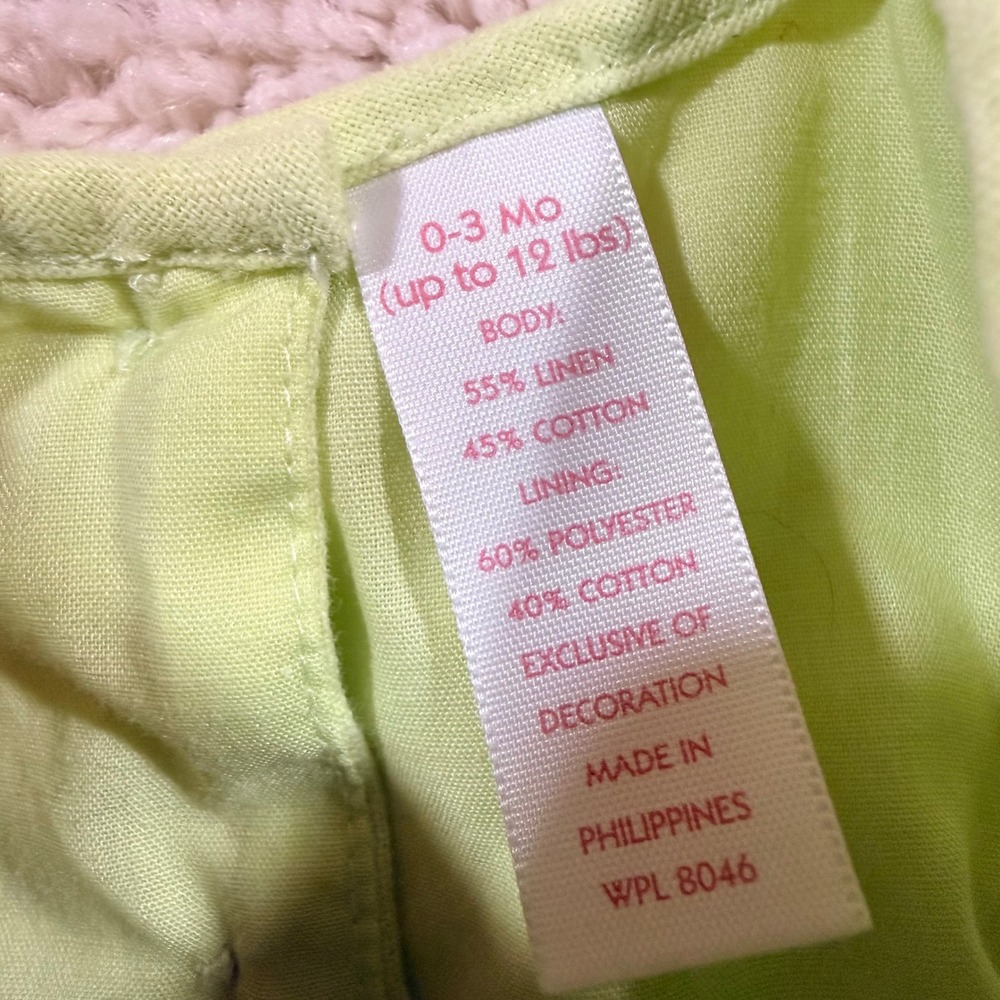 Vintage First Impressions Lime Green Smocked Linen Dress 0-3 M Cottagecore - Picture 5 of 7